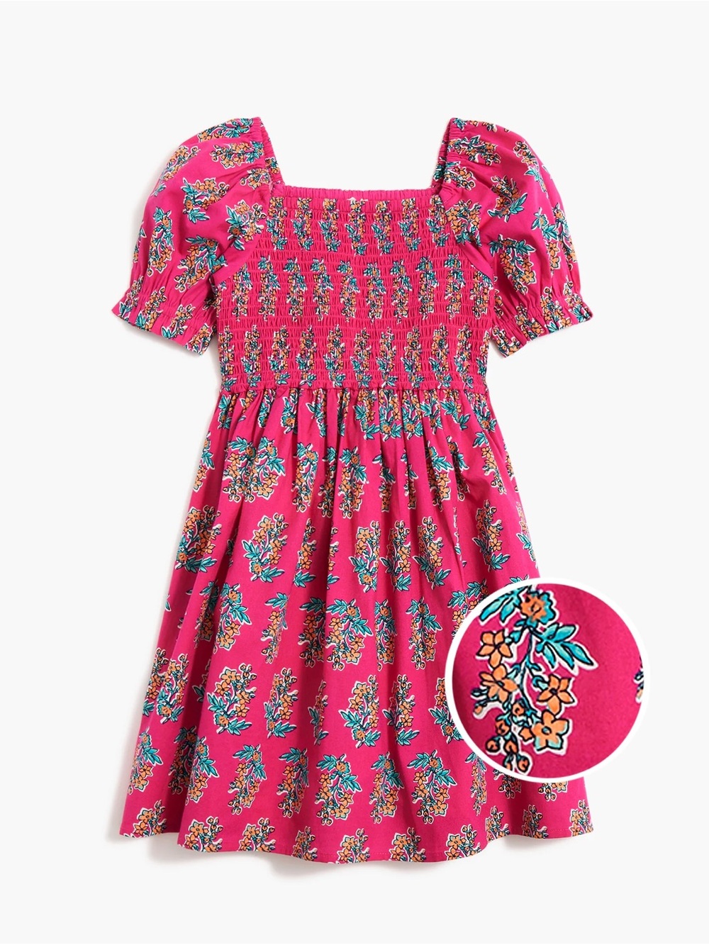 J. Crew Girl’s Smocked Floral Printed Dress Size 7 Pink Blue Stretch